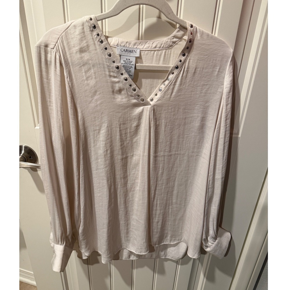 Carmen Marc Valvo Cream Studded V-Neck Blouse Long Sleeve Ivory Top Medium